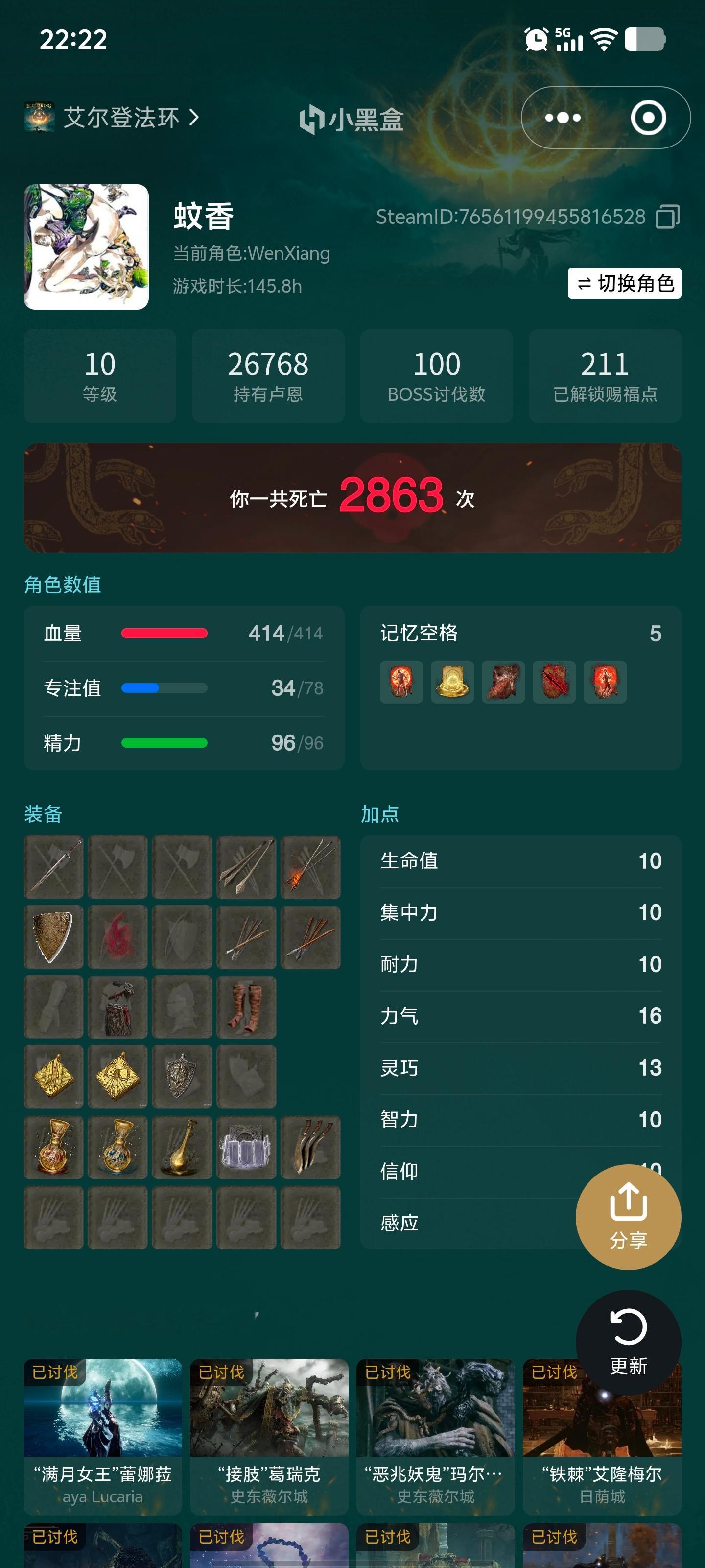 艾尔登法环，一周目，140小时，死亡2863次，讨伐boss100个，纪念一下，