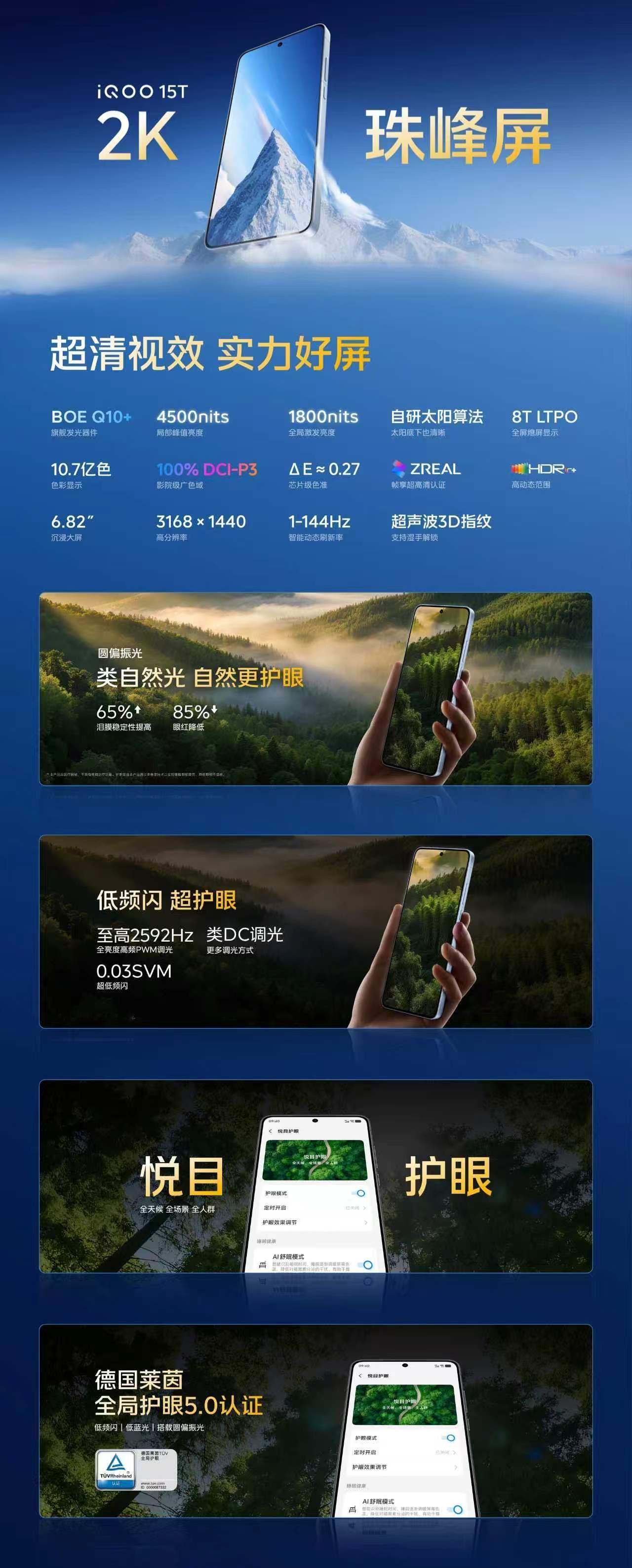 iQOO15T搭载2K珠峰屏，国产屏巅峰之作：①超清晰：Q10+发光器件&2K 
