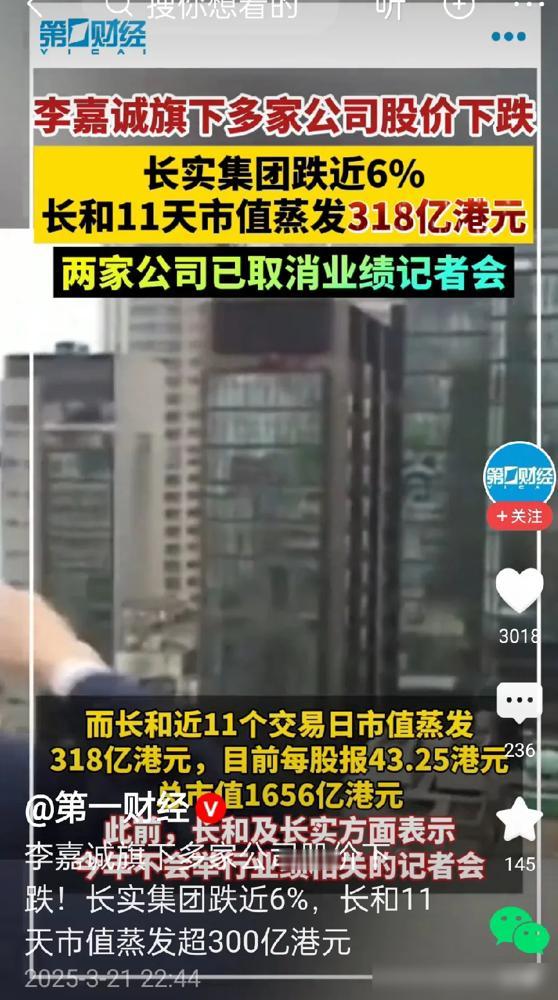 长实集团股价跌近6%，长和市值蒸发超300亿港元引发市场热议！

最新财报显示长