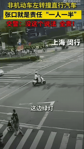 纯溺爱！十字路口骑电动车左转的成年男子，被后方直行汽车撞上。交警直接定了电动车全