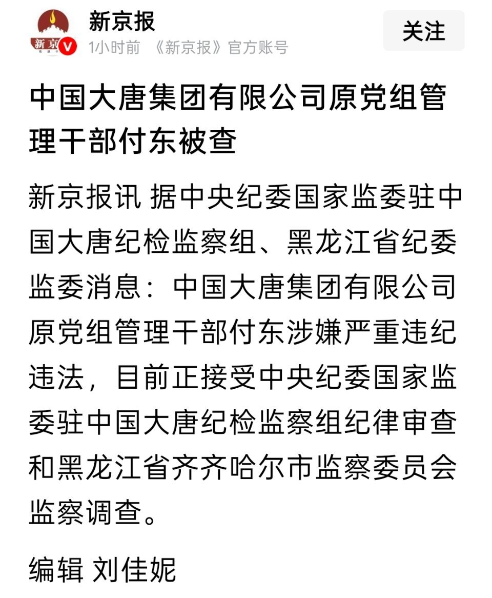 中国大唐集团有限公司原党组管理干部付东被查 