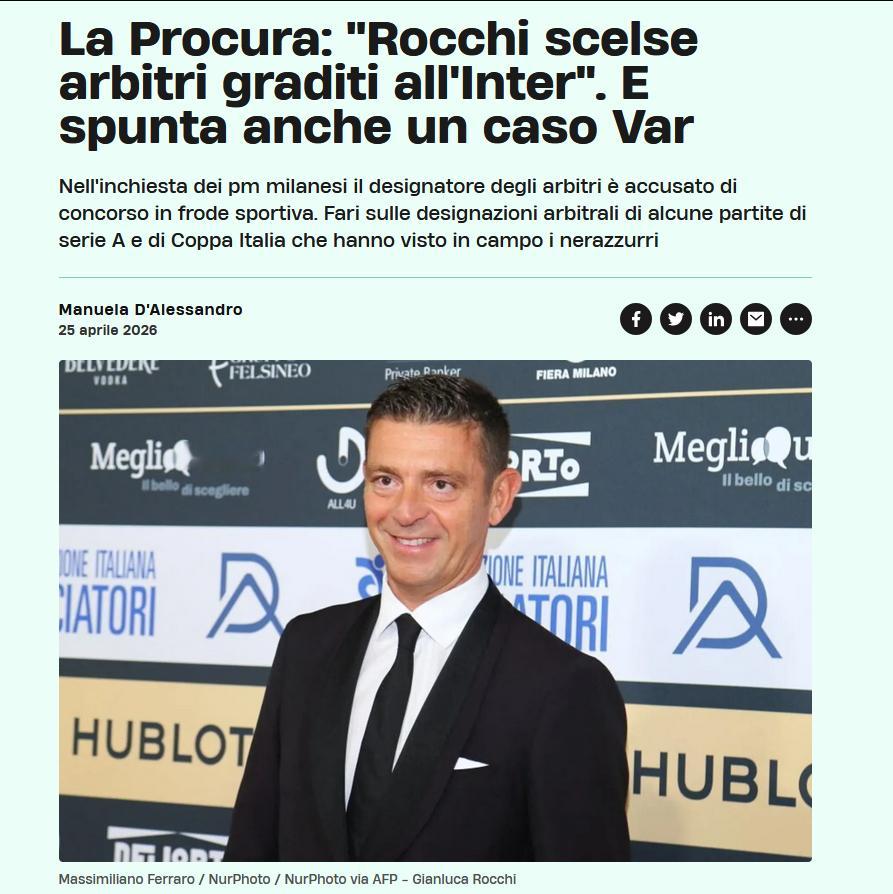 AGI又更新了一篇，透露了米兰检方对提出的罗基的三项指控，包括他为国米指派裁判的