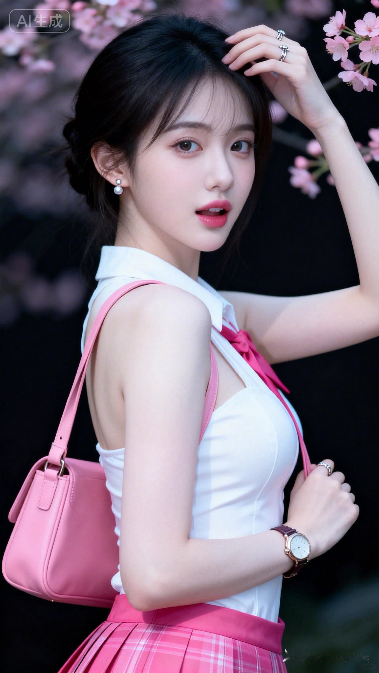 这姑娘穿着粉裙，好甜美！