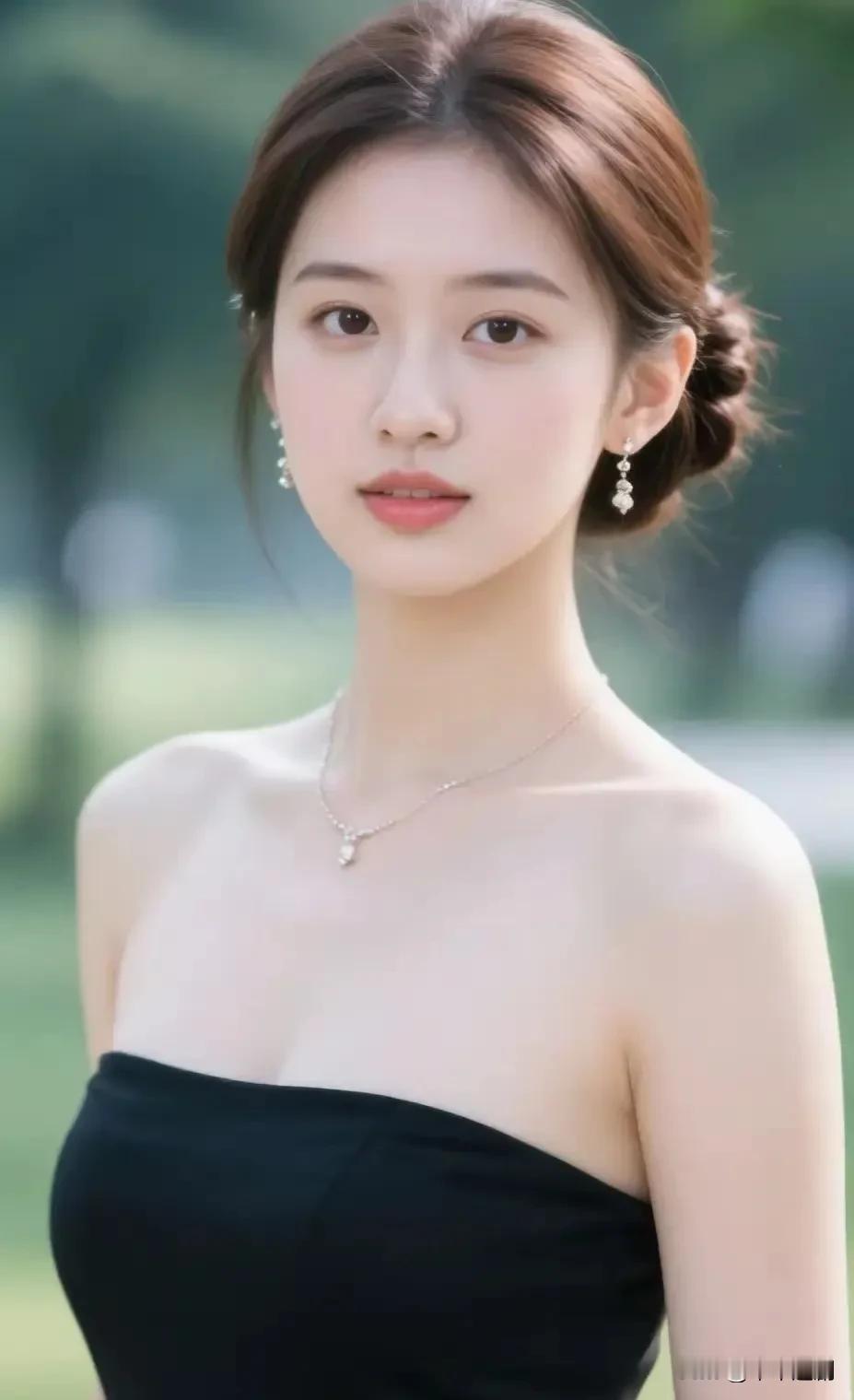 墨色衬得气质娴静，精致配饰点缀温婉。置身户外清浅绿意之间，安静从容，自有一番动人