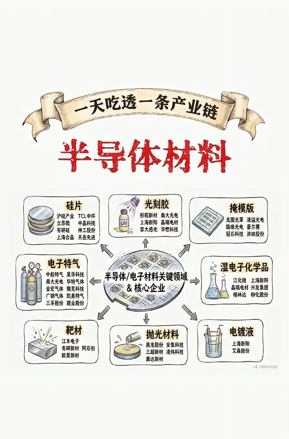 半导体材料梳理半导体材料：是芯片制造的核心基础原材料，贯穿晶圆加工、封装测试全流