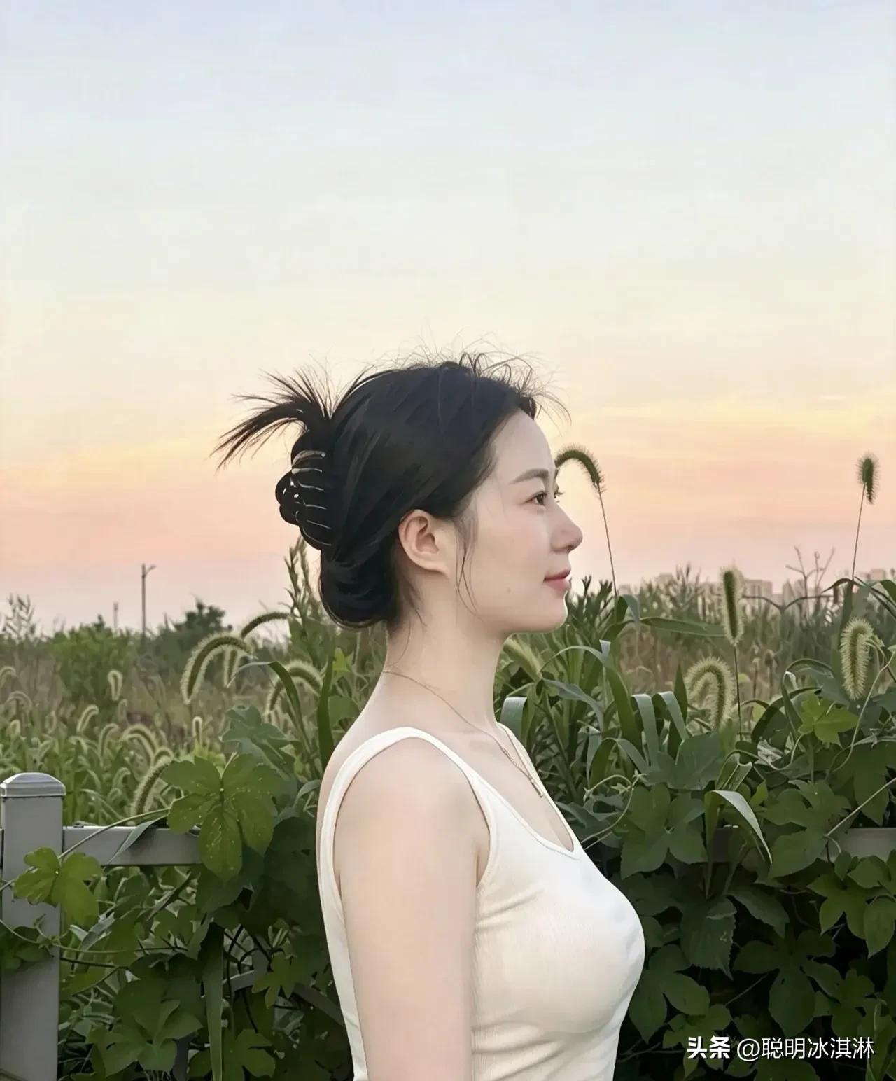 夕阳染红天际，  
她迎着光，  
定格温柔瞬间。  
生活的小确幸，  
藏在