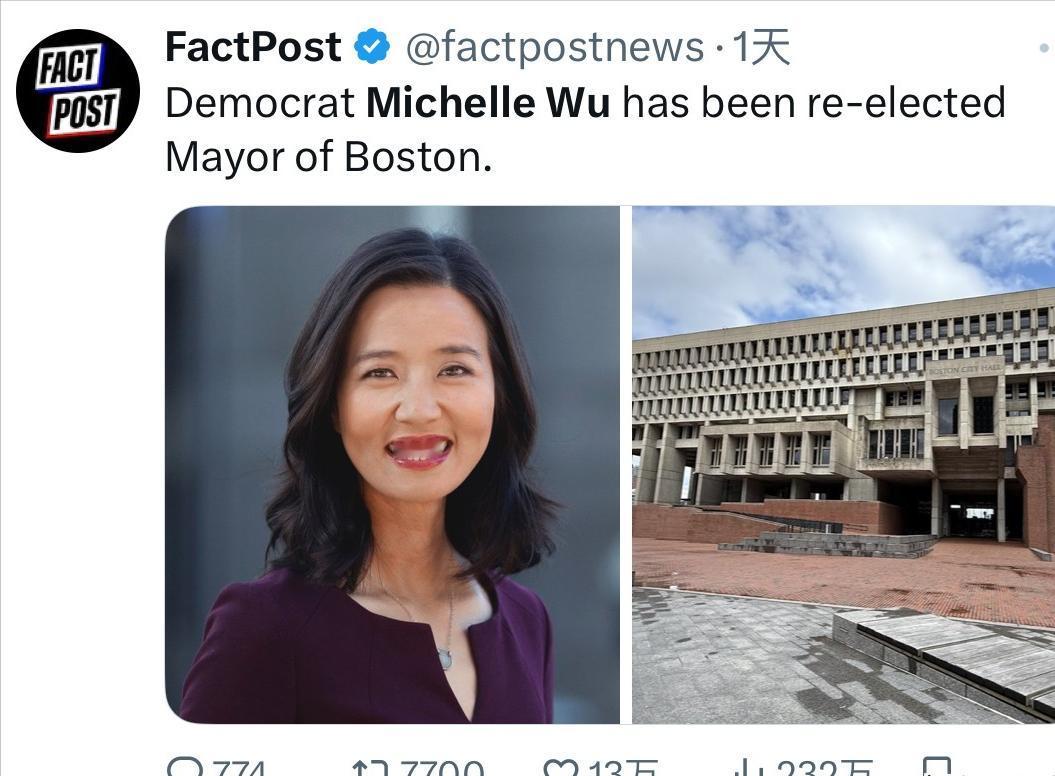 美国波士顿现任民主党籍华裔女市长吴弭 （Michelle Wu ）在没有竞争对手