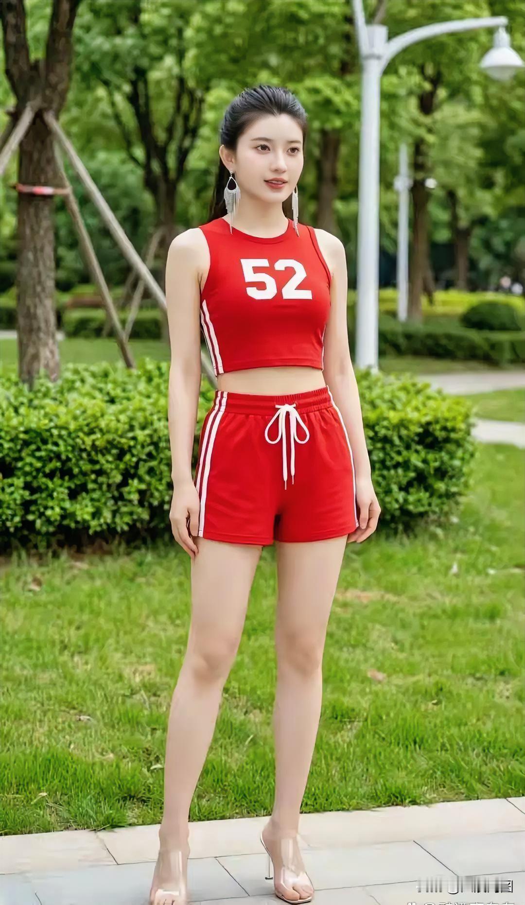 身着红色运动装，立于公园之中。红色运动服自拍 红色运动短袖 运动装拍照
