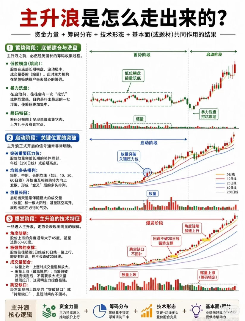 主升浪是怎么走出来的？一张图讲透股票从"筑底"到"爆发"的全生命周期！📈很多散