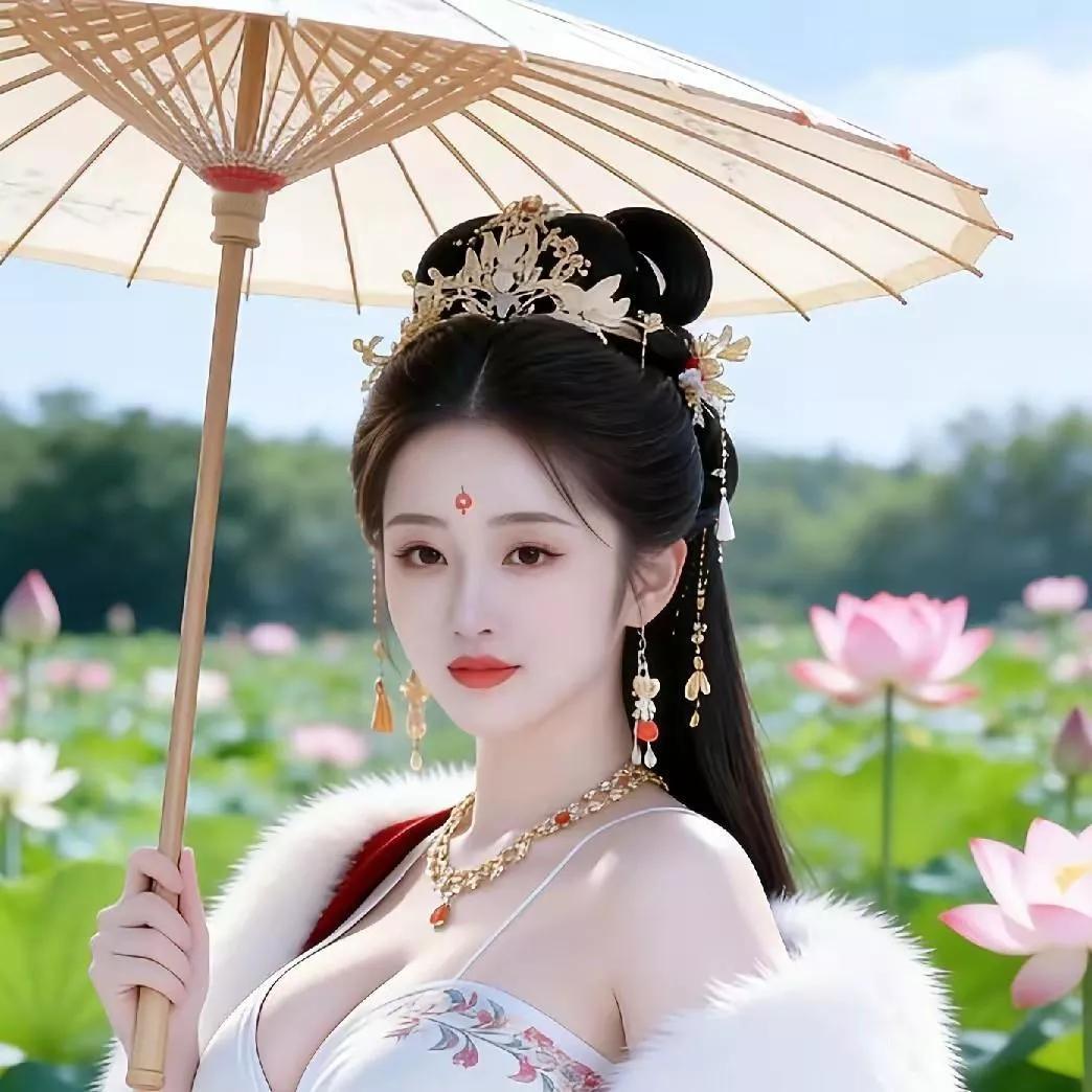 夏日荷花仙境，古风美女撑伞红衣执伞佳人 夜景撑伞少女 国风撑伞写真 墨风汉服美女