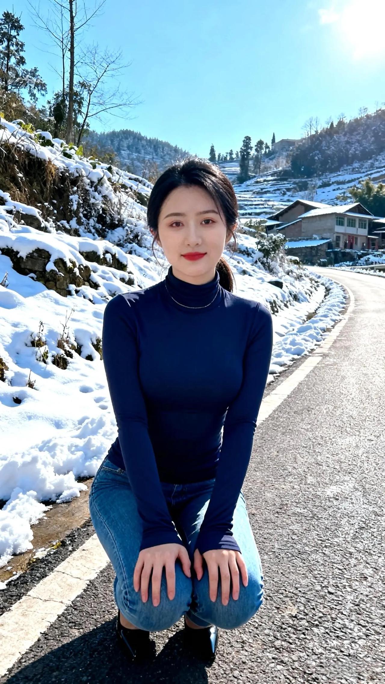 冬日暖阳下，雪地漫步的时尚女孩