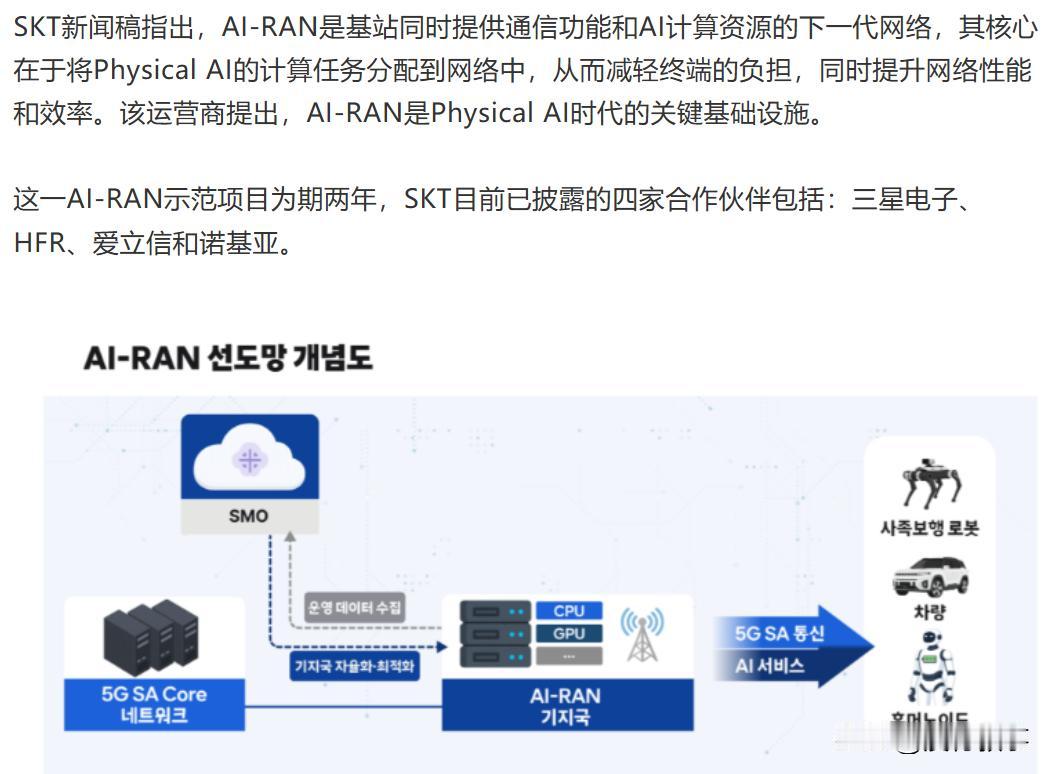 SK电讯（SKT）着手部署“AI-RAN先导网络”，有两点值得关注。

作为下一
