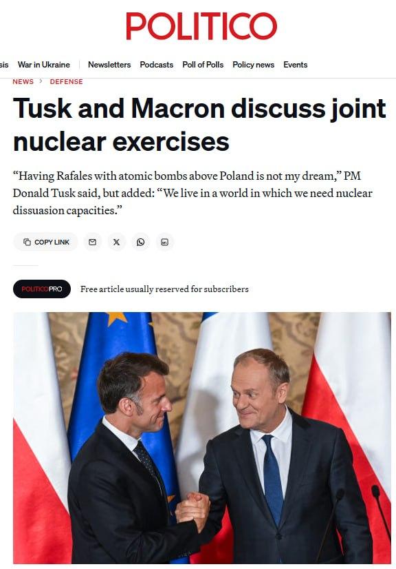 马克龙和波兰总理图斯克谈妥了，法国和波兰要搞联合核演习，包括信息共享、联合训练，