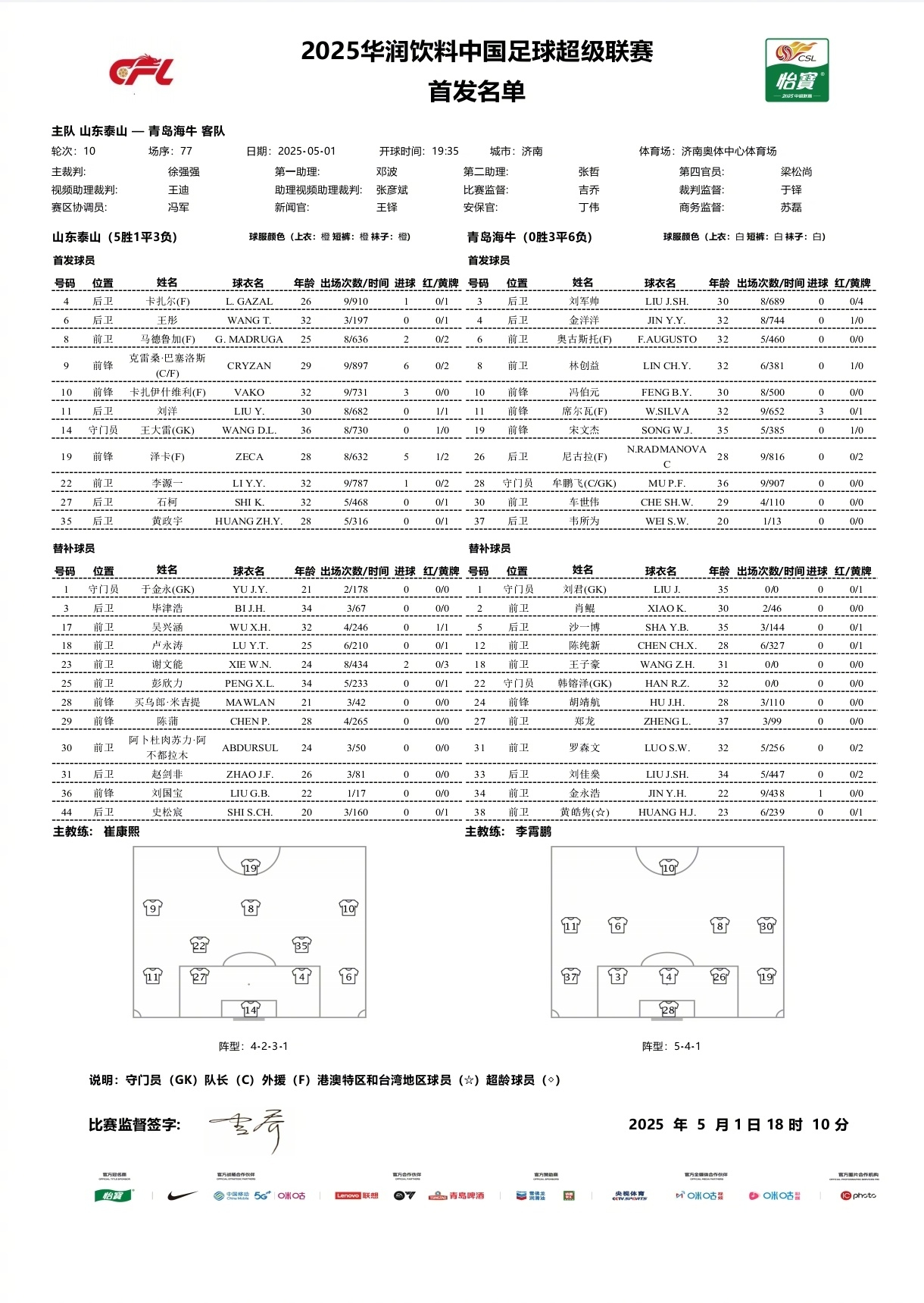 今晚19：35，中超第10轮，山东泰山vs青岛海牛、上海海港vs北京国安两场比赛