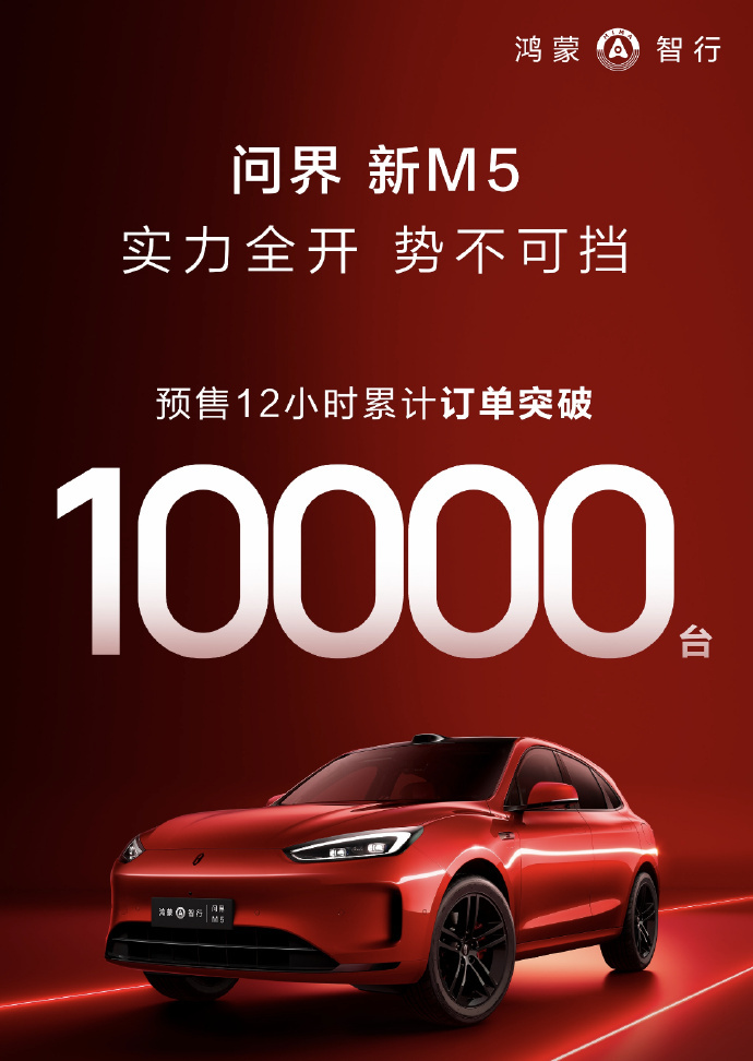 #问界新M5预售12小时订单破万#虽然不是大定，虽然定金可退，但预售12个小时，