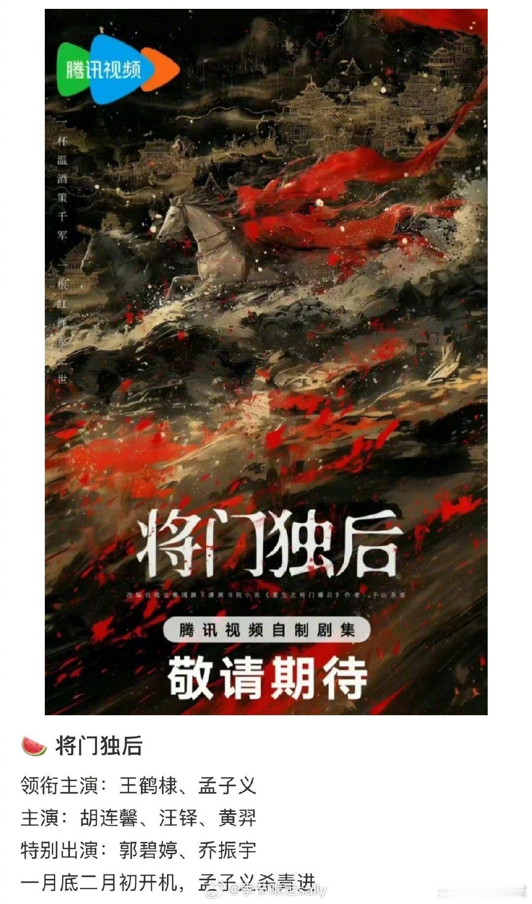 《将门独后》阵容🍉领衔主演：王鹤棣、孟子义主演：胡连馨、汪铎、黄羿特别出演：郭