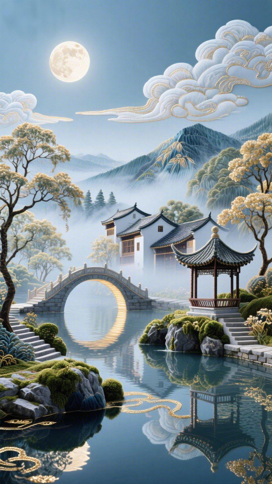 江南月满入画来
 
当一轮满月悬于清透的青蓝天幕，银辉遍洒，江南的山水便化作了一