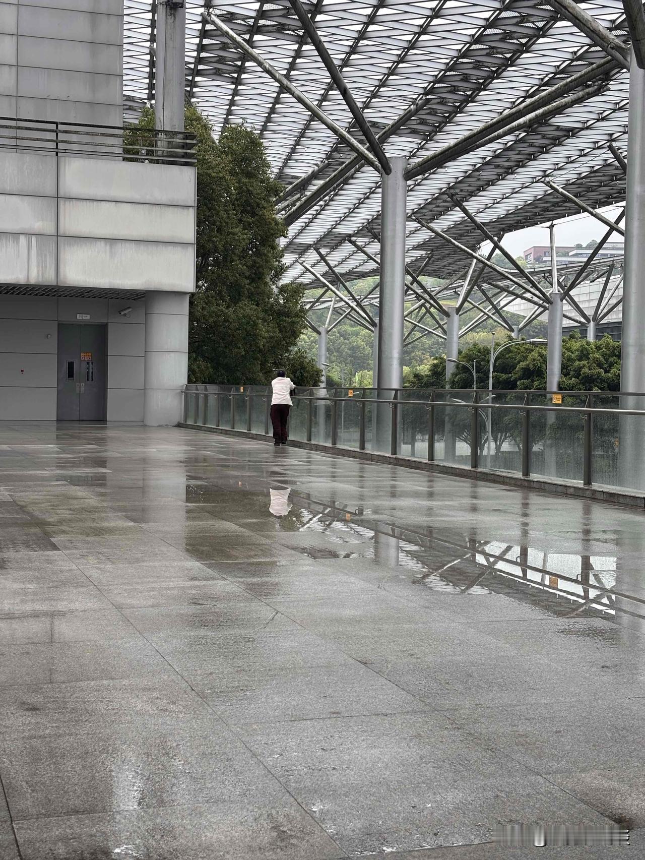 国际博览中心的清洁工太仔细了，上午在下雨，雨刚停，马上就拿毛巾擦室外的栏杆扶手