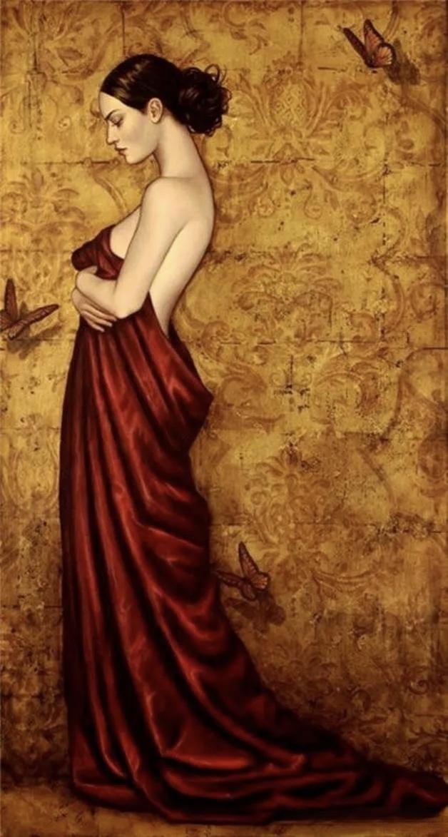沉思的少女，红裙飘逸，蝴蝶翩翩起舞，复古背景，唯美意境。
