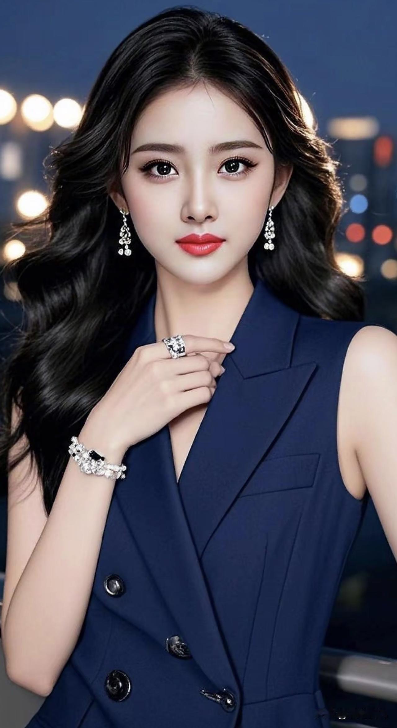 优雅黑发女郎，都市夜景下的迷人魅力夜景气质少女 气质红裙女 时尚东方美人 时尚东