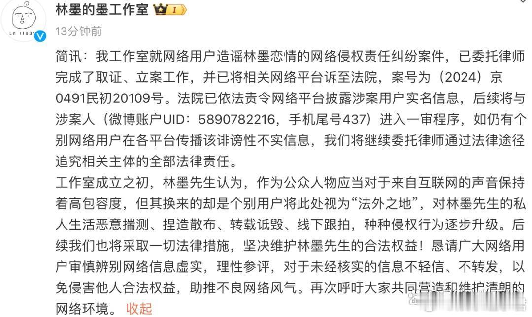 22日，林墨工作室发文称就网络用户造谣林墨恋情的网络侵权责任纠纷案件，已委托律师