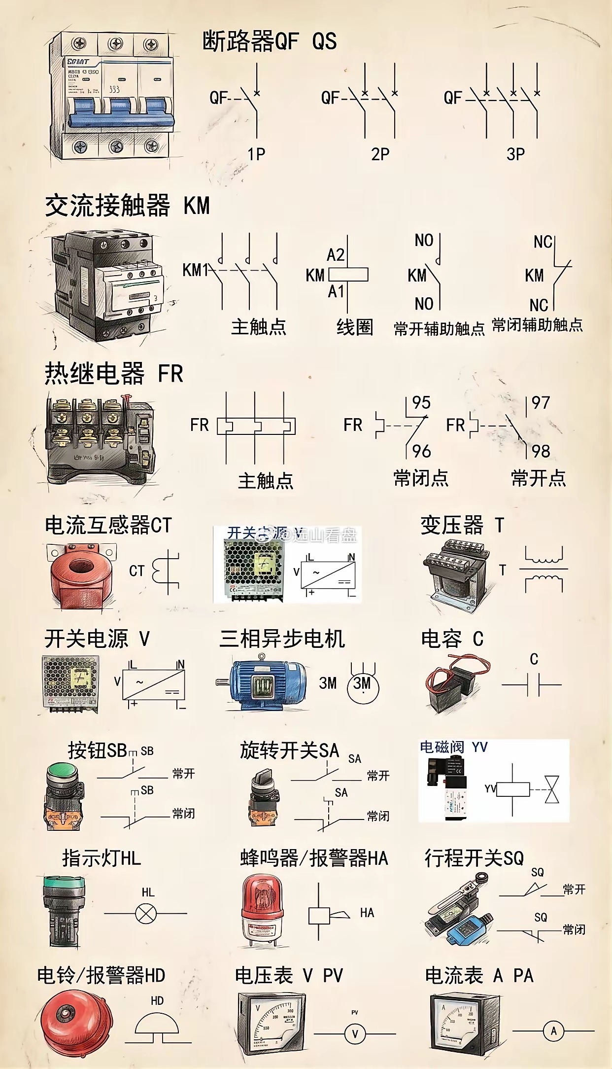 这些电工电子元件符号你认识吗？很多新手看图纸分不清 NO/NC、FR 触点编号，