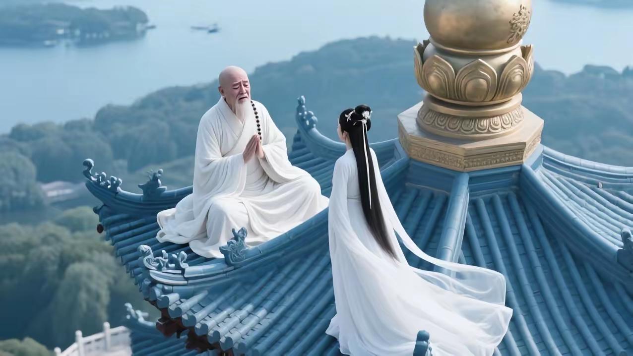 法海坐化之时，将白素贞唤至雷峰塔顶，老泪纵横道：我镇压你千年，非因你与许仙人妖殊