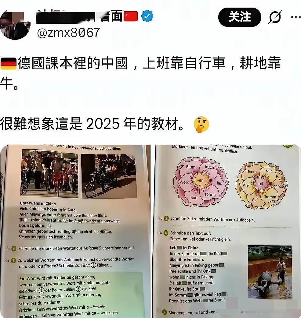 中国满大街的自行车、人力三轮车，农田靠小孩牵牛来耕，德国2025年的教材就是这样