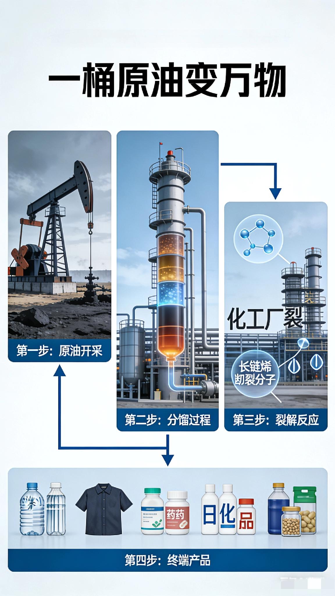 一桶原油完整变身流程图
 
（从开采→分馏→裂解→最终生活用品）
 
第一步：原