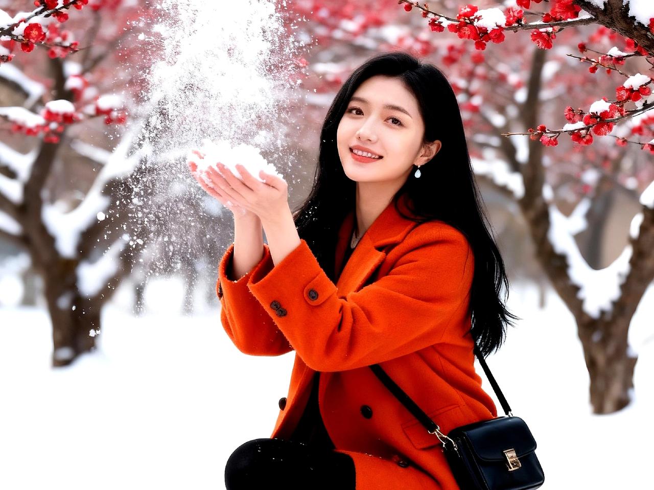 《六州歌头·雪后梅边见姑娘》
 
郊外雪刚停，林子裹层薄纱。树枝下，梅苞刚冒尖，