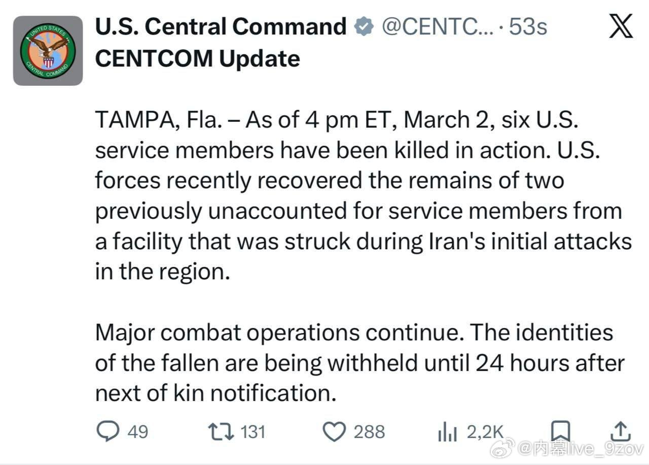 美国中央司令部称，在对伊朗的军事行动中，美军死亡人数已上升至6人。 
