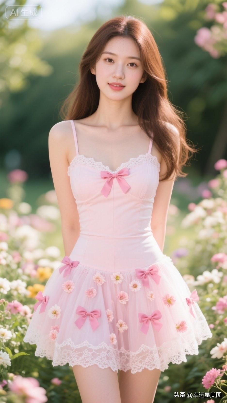 梦幻粉色花海中的甜美少女，清新可爱，宛如童话里的公主。