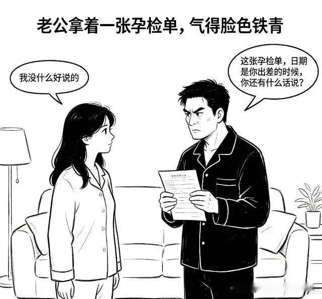 趣味漫画:男人拿着孕检单质问女人：这张孕检单的日期是你出差那段时间，你还有什么可