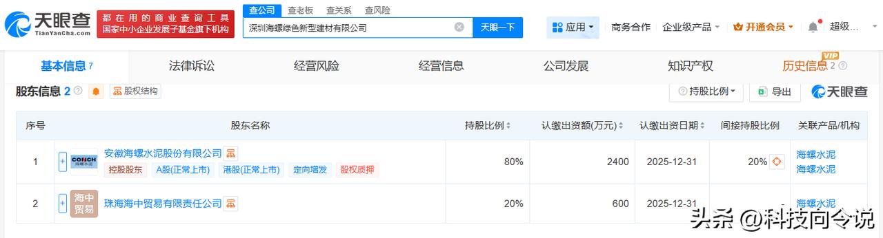 【海螺水泥在深圳成立绿色新型建材公司 注册资本3000万】
天眼查工商信息显示，