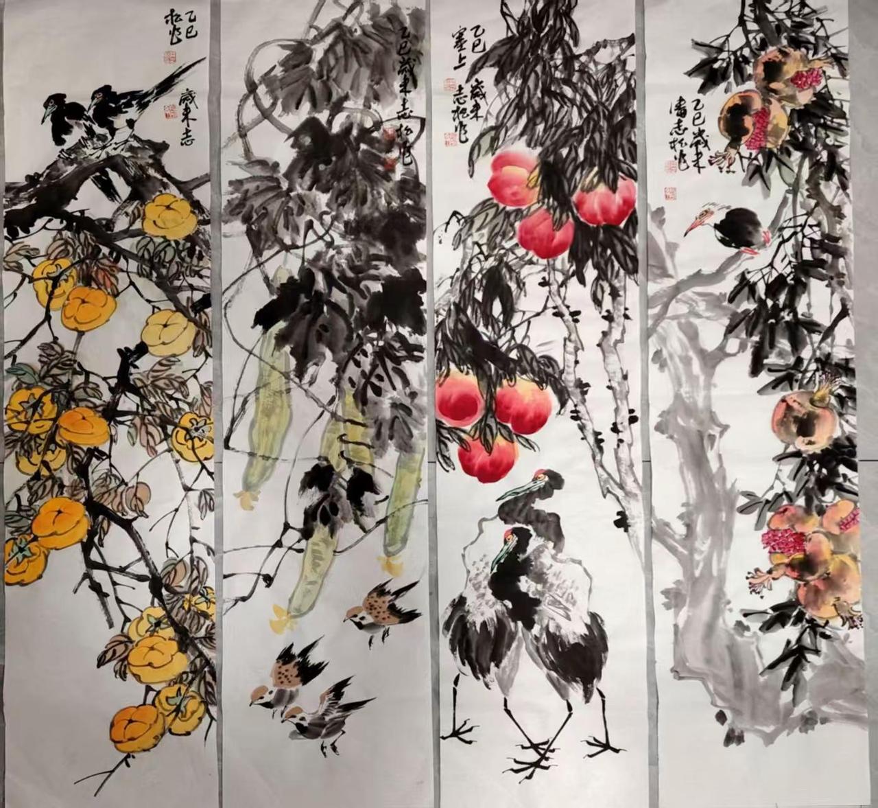 花鸟四条屏。写意花鸟国画之美 随手画 国画挑战 书画欣赏