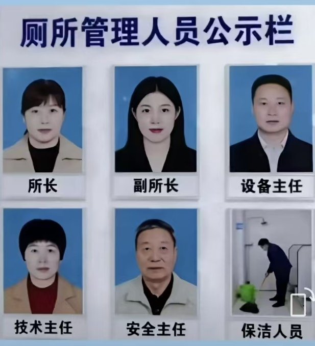 看图说话 【厕所管理人员公示栏】人员配备如此齐全，会不会人浮于事？精兵简政，必须