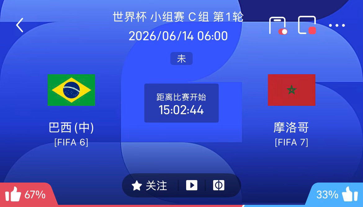 周六 006  巴西 VS 摩洛哥2026.6.14    06：00足球 世界