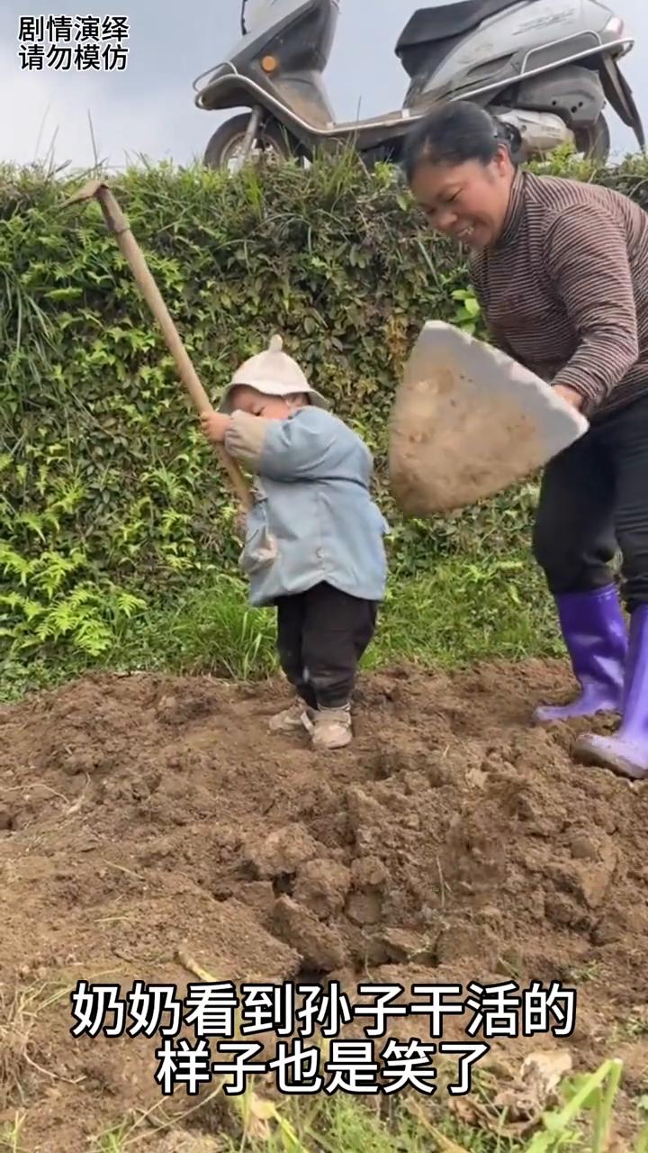 孙子学着奶奶在地里锄地，这一幕真的太搞笑了。
奶奶带着孙子在地里干活，只见孙子有