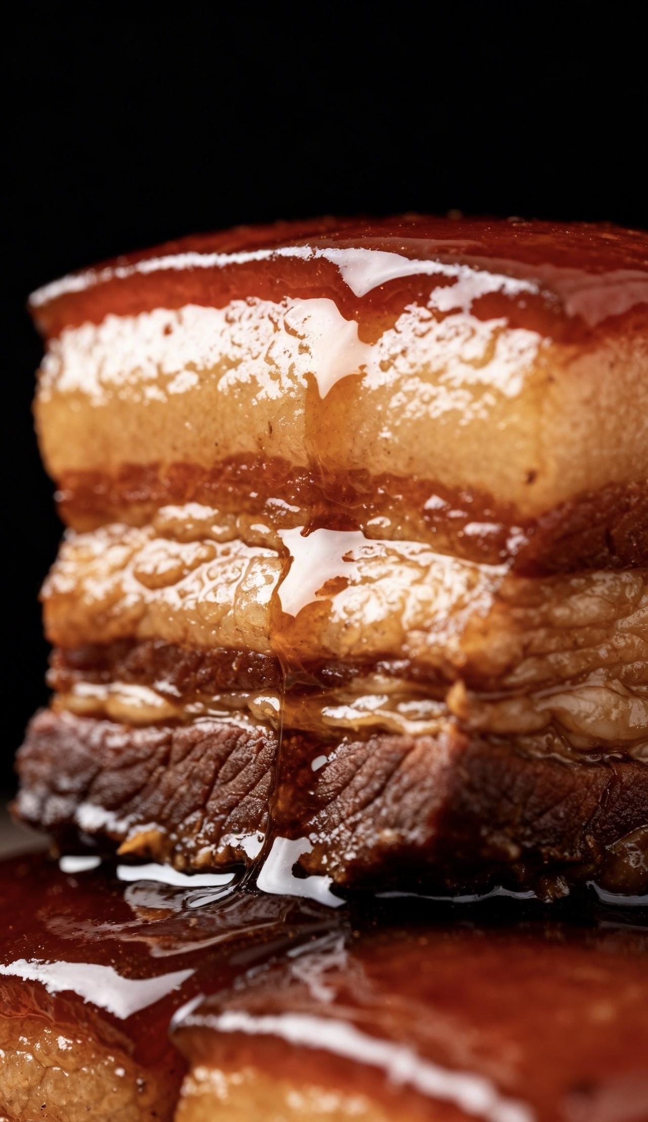 精美壁纸（702）🌈
📝影棚内纯黑背景下，微距镜头近距离定格东坡肉特写，肉块