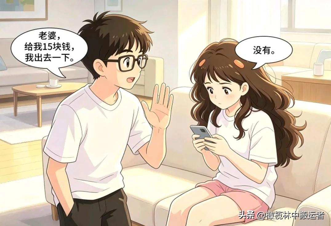 趣味漫画:老公：老婆，给我15块钱。老婆：没有！老公：谁家老公出门兜里没个15块