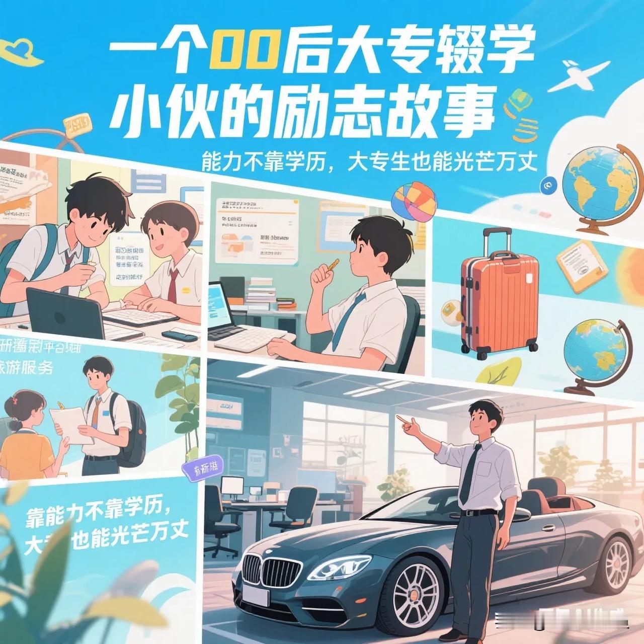 家人们，唠个励志事儿！
 
一个00后大专辍学小伙
在旅游服务行业年入500万