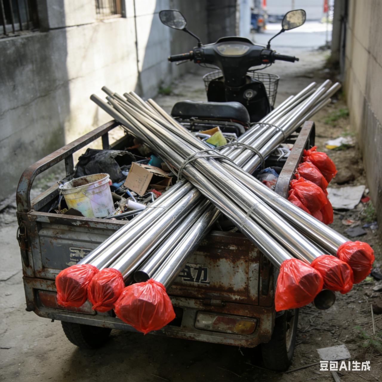 转起来！帮帮底层百姓！
一辆破旧的电动三轮车，载着远超车斗长度的不锈钢管和其他杂