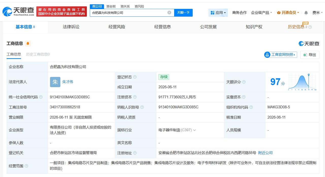 晶合集成在合肥成立新科技公司 注册资本约9.2亿
天眼查App显示，近日，合肥晶