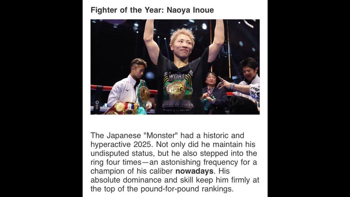 拳坛速递 井上尚弥（Naoya Inoue）当选WBC2025年度最佳拳手。煮酒
