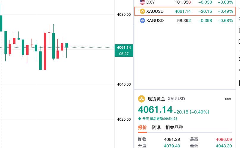 上午
现货黄金震荡下行，
再度略微回落，
不过依旧在四千美元上方。

现货黄金报