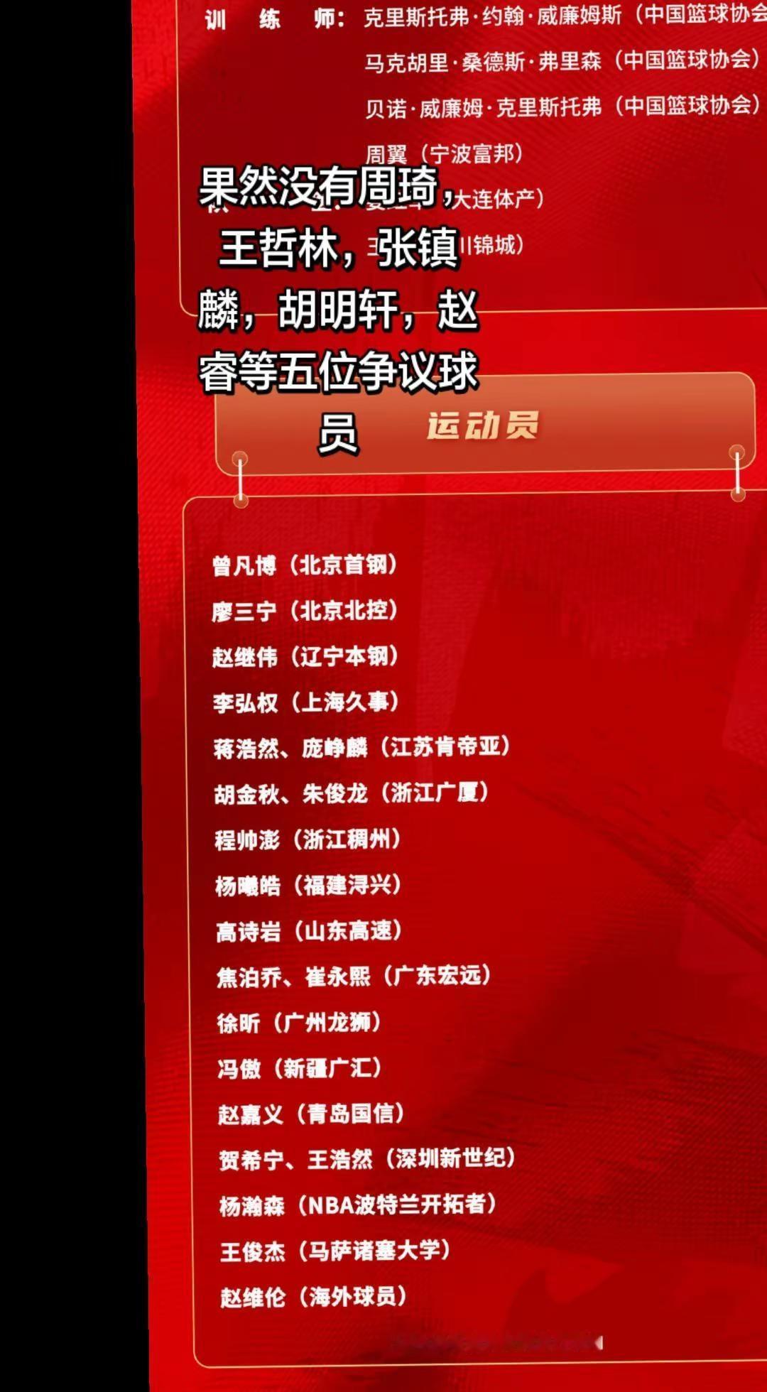 国家队最新集训名单。没有周琦王哲林张镇麟胡明轩赵睿