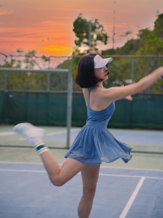落日下球场🎾击球拼搏的痕迹，夕阳替我记住