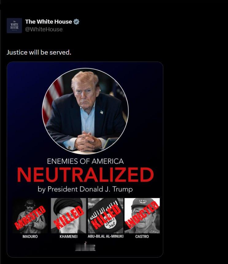 “正义终将到来！”——白宫官方账号。在劳尔·卡斯特罗被指控之际，美国政府发布了一
