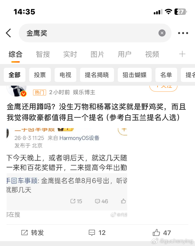 没生万物和杨幂这金鹰奖就是野鸡奖？？ 