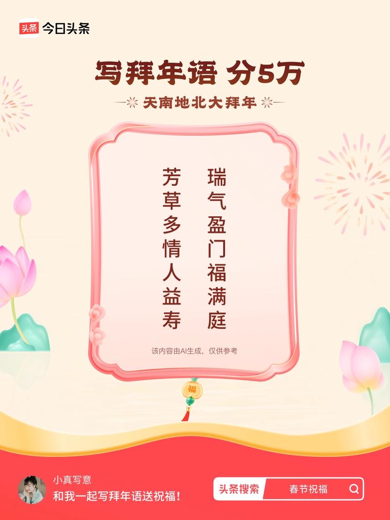 写拜年语送祝福新春拜年送祝福！我的祝福是：“芳草多情人益寿，瑞气盈门福满庭”！快